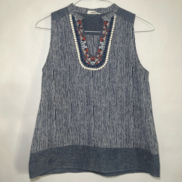 THML Blue & White Boho Striped Embroidered Neck Lightweight Tank Top Size Small - Picture 1 of 11